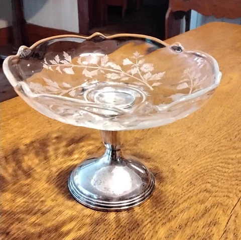 Etched Scalloped Compote With Weighted Sterling Silver Base Cover