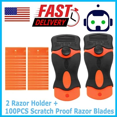 100 Pcs Plastic Razor Blades + 2 Razor Scraper Double Edged Sticker Removal Tool - Image 1 of 4