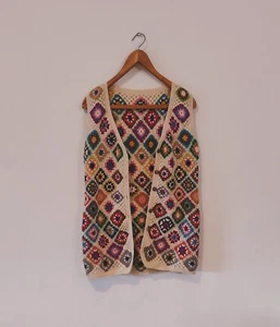 Vintage 60' Hippie Hand Made Wool Granny Squares Sleeveless Sweater Cardigan - Picture 1 of 5