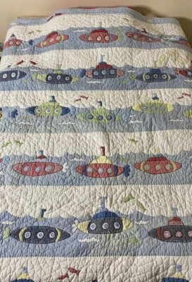 Vtg Pottery Barn Kids Submarine Gingham Blue Quilt 68” x 86” Full Nautical Boat - Image 1 of 4