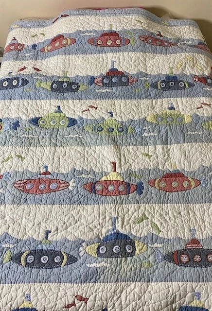 Vtg Pottery Barn Kids Submarine Gingham Blue Quilt 68” x 86” Full Nautical Boat - Image 1 of 4