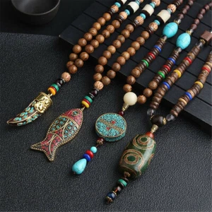 Retro Elegant Ethnic Nepali Wooden Bead Pendant Necklace Long Chain Boho Jewelry - Picture 1 of 23