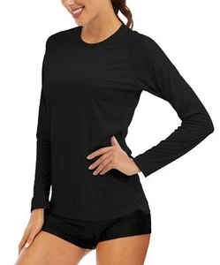 Women's UPF 50+ SPF Long Sleeve Swim Shirt Fishing & Hiking Rash Guard - Black - Picture 1 of 7
