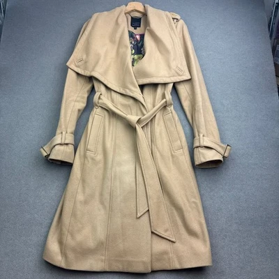 TED BAKER пальто размер 2 Великобритании 10 бежевый верблюд надежном длинная шерсть кашемир подпоясанный куртка - Изображение 1 из 4