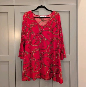 Top donna Susan Graver 3x rosso stampa catena manica 3/4 scollo a V maglia liquida tunica - Foto 1 di 8