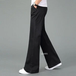 Retro Mens Jeans Bell Bottom Denim Pants Slim Fit Flared Straight-Legs Trousers - Picture 1 of 29