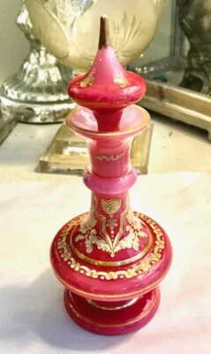ANTIQUE FRENCH DARK PINK OPALINE GLASS PERFUME BOTTLE Gold Gilt Decoration - Image 1 of 4