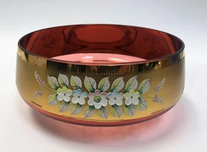 Bohemia Crystal Slavia Glassworks Cranberry Wide Bowl Gold Overlay Hand-Painted - Picture 1 of 11