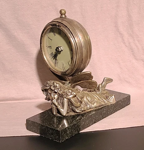 Antique Art Nouveau Silverplate & Marble Fairy Girl French Mantle Clock Cover