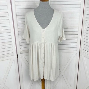 Urban Outfitters Babydoll Dress Women Small Beige Linen Blend Mini V Neck Button - Picture 1 of 12