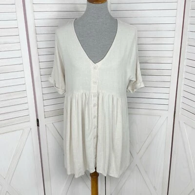 Vestido Babydoll Urban Outfitters Mujer Pequeño Beige Mezcla de Lino Mini Cuello en V Botón Foto 1 de 4