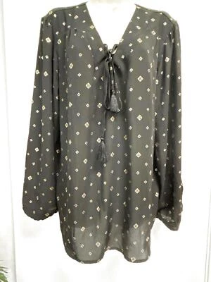 women Blouse Size XXL (20) dressy black & tin foil gold LS Lace Up - Image 1 of 3
