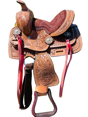 8" 9" 10" Leather Kids Pony Western Horse Floral Tooled Saddle With Red laces - Image 1 of 3