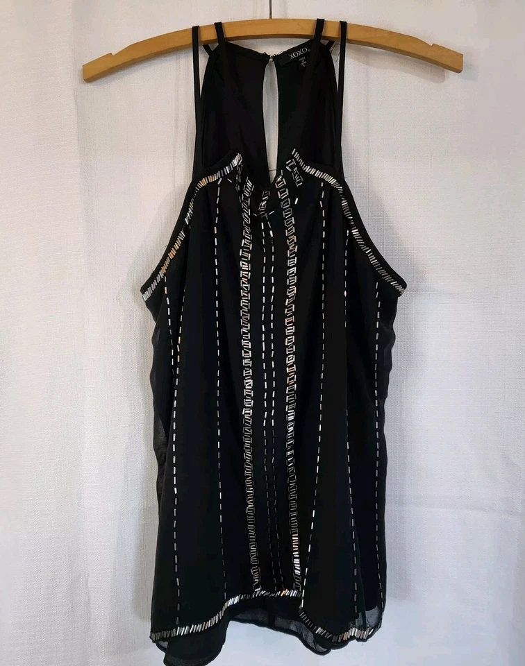 XOXO Women's Top Sleeveless Spaghetti Strap Silver Beads Black Size Large - Image 1 of 4