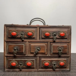 Chinese Natural Rosewood inlay gems Handcarved Exquisite Seven drawers Box - Picture 1 of 9