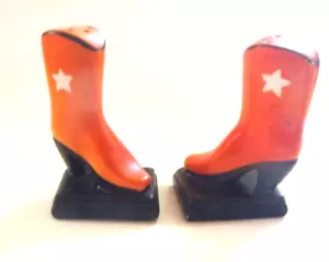 Vintage Japan Ceramic Orange Cowboy Boot Texas Star Salt & Pepper Shakers - Picture 1 of 7