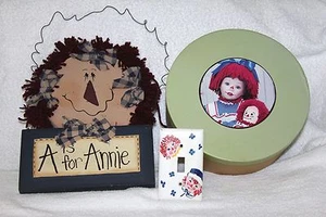 Lot of 3 Raggedy Ann/ Annie Decor Folk Art Sign, Round Storage Box & Switchplate - Picture 1 of 6