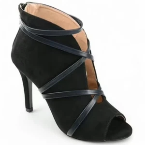 Journee Black Bootie Heels Size 8.5 Strappy Peep Toe Stiletto Zip Up Faux Suede - Picture 1 of 12