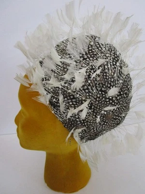 Jack McConnell Domed Feather Hat Black White Dotted Wedding Church Cocktail - Image 1 of 4