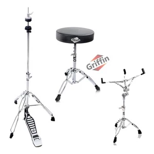 3-PACK Hi-Hat Pedal, Snare Drum Stand & Drummers Throne | GRIFFIN Percussion Kit - Picture 1 of 14