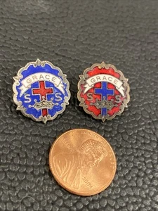VTG Sunday School SS GRACE Red Blue Enamel Little System Cross & Crown Lapel Pin - Picture 1 of 14