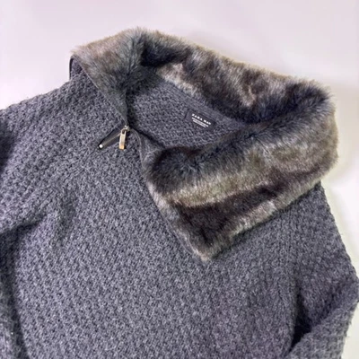 Zara Man Sweater Size Medium Faux Fur Asymmetrical Zipper Collar Gray Wool Blend - Image 1 of 4