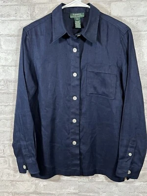 Lauren Ralph Lauren Linen Button Up Shirt Womens PM Long Sleeve Blue  Pocket - Image 1 of 4