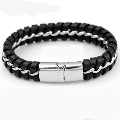 Men's Stainless Steel 8.5" Black Braided.Leather Magnetic Bracelet*BOX - Image 1 of 4