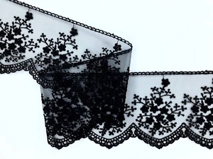 *SALE* Black Satin Embroidered Tulle Lace Trim 3.25"/ 8.5cm £1.65 PER METRE - Picture 1 of 4