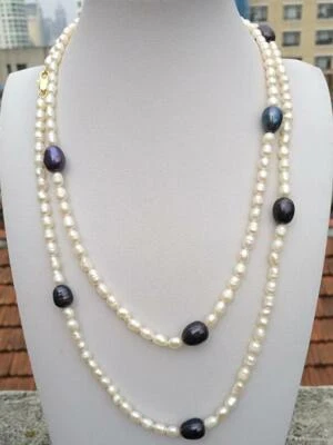 40" Incredible Design South Sea Natural Rice White + Big Black Pearl Necklace - Image 1 of 4