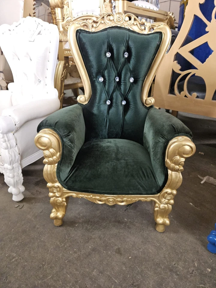 Mini Silla Trono Infantil 33" Alto Lujo Estilo Fiesta Trono - Terciopelo Verde/Dorado Foto 1 de 1