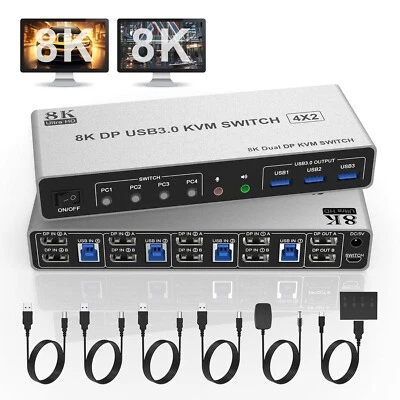 8K@60Hz Displayport USB 3.0 KVM Switch 2 Monitors for 4 Computers 8K@60Hz 4K@144 - Image 1 of 2