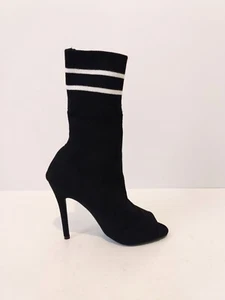 Qupid Black White Knit Faux Suede Peep Toe Pull Up 4 1/4" Heel Sock Boot sz 6.5 - Picture 1 of 8