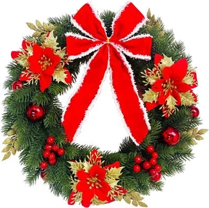 18" Artificial Christmas Wreath with Red Bow - Winter Poinsettia Decor - Picture 1 of 8