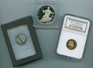 Jackie Robinson Trio - Gold & Silver Coins & Vintage Hall of Fame Pin