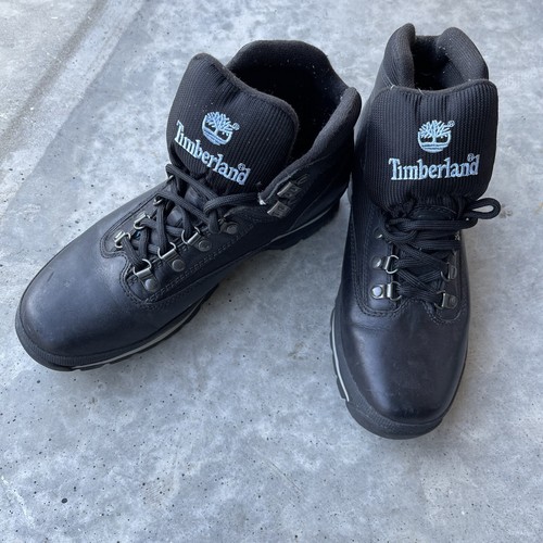 Stivali da trekking vintage Timberland in pelle nera e azzurro alti taglia 10