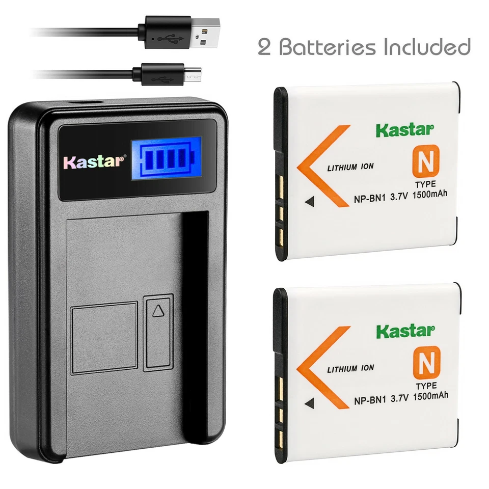 Kastar Battery (X2) & LCD Slim USB Charger for Sony NP-BN1 NPBN1 BC-CSN and