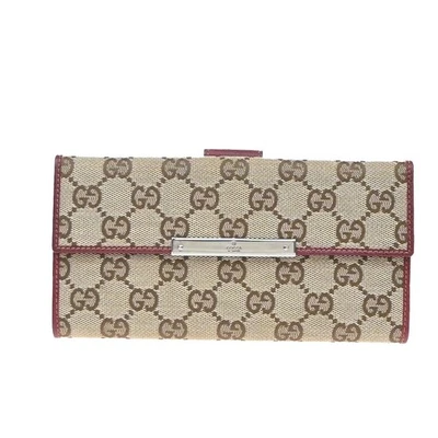 GUCCI GG Pattern Bifold Long Wallet Canvas Leather Brown Red SHW 88EG088 - Image 1 of 4