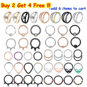 Surgical Steel Septum Clicker Piercing 16G Nose Ring Earrings Cartilage Hoop-ONE - Picture 1 of 53