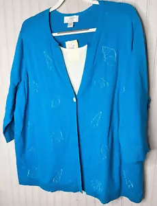 CJ Banks Women SWEATER 3X Sky Blue White Cotton 2Fer Seashells Embroidered NEW - Picture 1 of 12