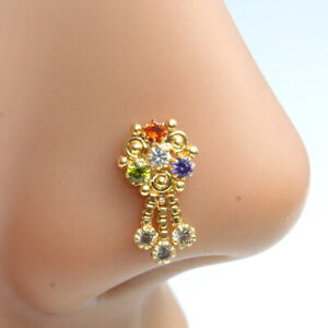 Gold Plated Ethnic Indian Dangle Nose ring Multicolor CZ Twisted nose ring 22g