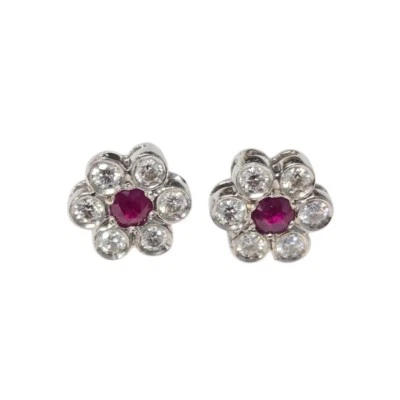Vintage 14k White Gold Ruby Diamond Flower Stud Earrings 1 carat - Image 1 of 4