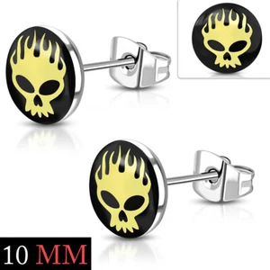 10mm Stainless Steel with Acrylic Fire Flaming Fiery Skull Round Earrings Pair - Picture 1 of 1