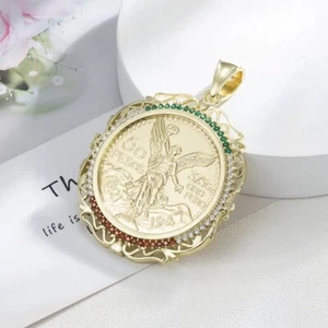 14K Gold Plated Mexican Centenario Moneda 50 Peso CZ Pendant Medal Style Jewelry - Picture 1 of 10