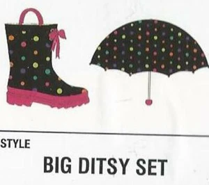 Western Chief Kids Rain Boots & Umbrella Ditsy Dots Black Hot Pink Size 9/10 New - Picture 1 of 5