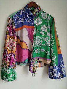 ZARA Satin Colorful Patchwork Medium Blouse, Bell Sleeves Front Tie - Picture 1 of 4