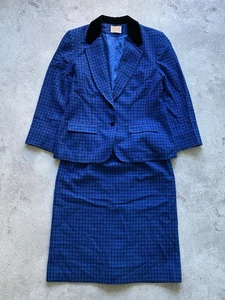 Vintage Pendleton Suit Blue Black Plaid Wool Blazer Skirt Women's Size 16 - Picture 1 of 21
