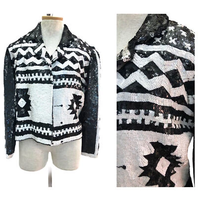 Vintage VTG 1980s 80s Black and White Sequin Long Sleeve Party Jacket - Image 1 of 4