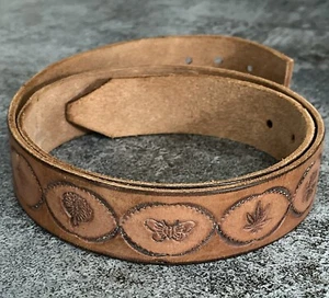 VTG 1970s Tooled  Hippie Branded leather belt Shroom Mushroom leaf butterfly NOS - Picture 1 of 6