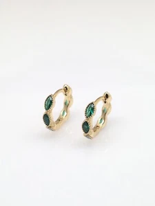 925 Sterling Silver Cz Emerald Huggie Hoop Earrings Womens 12.8mm x2mm Simulated - Picture 1 of 10